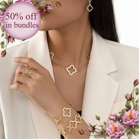 Hollow Out Lucky Clover Iron Set - Necklace, Bracelet, Bangle, Ring And Earrings - Picture 1 of 12
